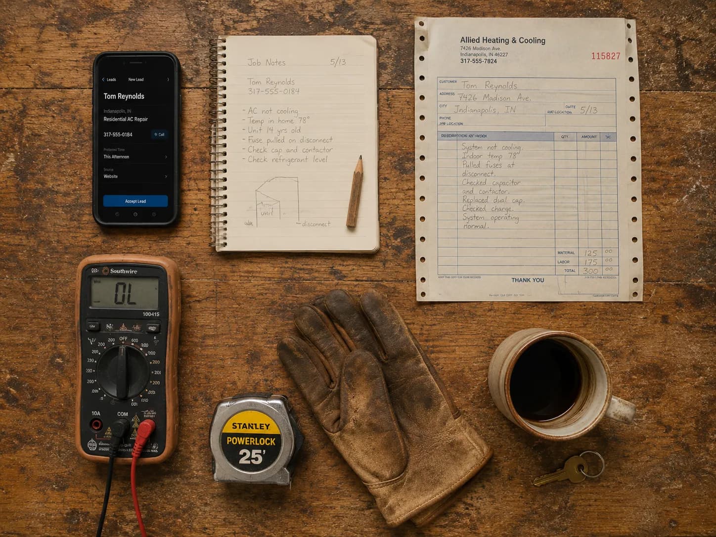 A technician's kit laid out on a workbench: multimeter, tape measure, work gloves, a handwritten job-notes pad, a paper work order, and the incoming lead on a phone.