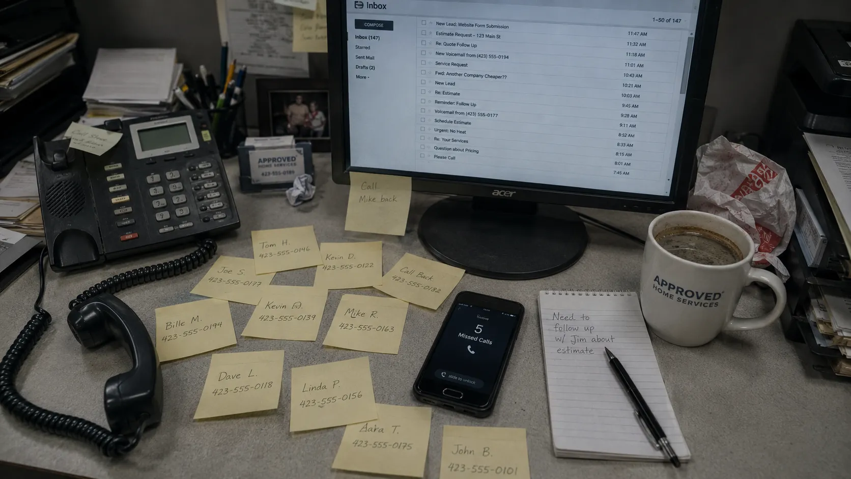 A cluttered office desk: a desk phone, a monitor full of unread lead emails, sticky notes covered in customer names and phone numbers, and a phone showing five missed calls.